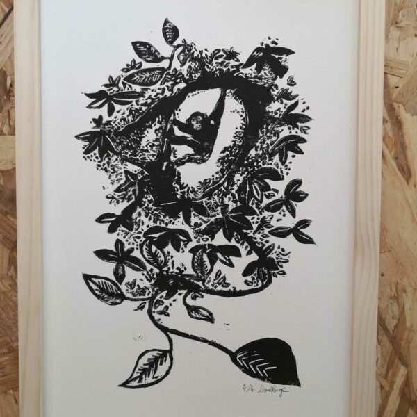 Illustration linogravure artisanale Un singe en hiver